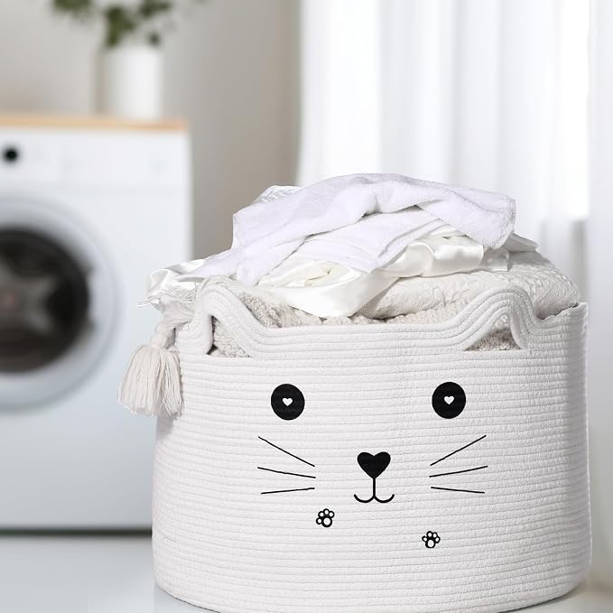 Zopeal Cat Storage Basket Woven Organizer with Ears Decorative Gift Cute Cotton Rope Pet Toy Basket for Gift Cat Dog Toy Bin Nursery Room(21.7 x 13.8 Inch,White)