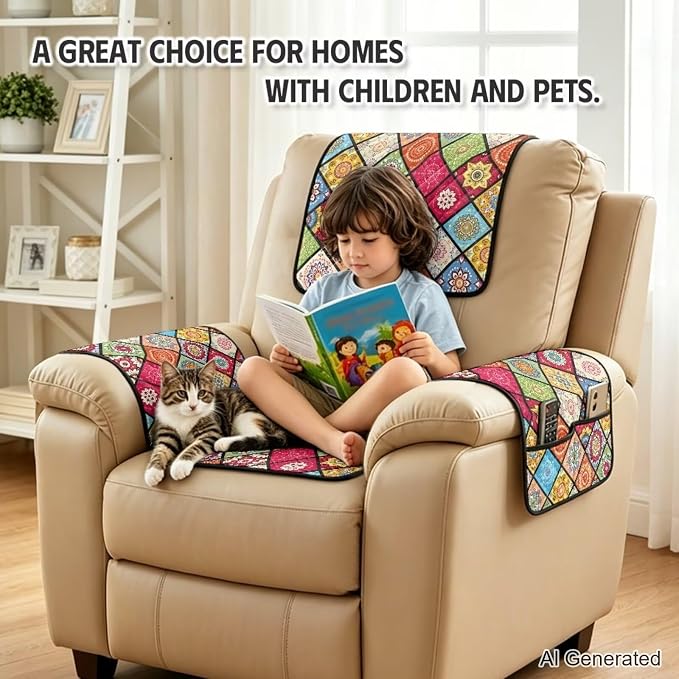 4PCS Quilted Recliner Slipcovers with Arms Mandala Patchwork | Recliner Chair Covers Floral Print Non-Slip Flower Furniture Protector for Armchairs Leather Recliners, Machine Washable