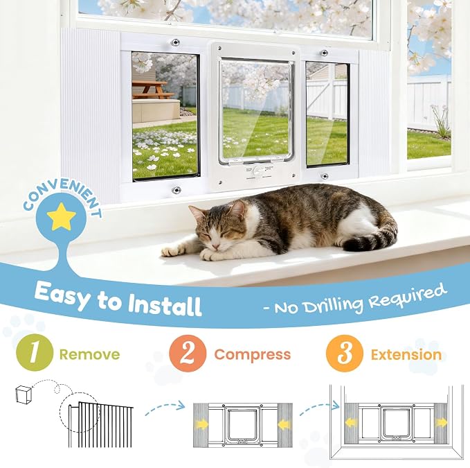 Petoasis Cat Door for Window & Small Dog, Quick Damage-Free Install, 36"- 40" Width Adjustable, All Aluminum Frame, 4-Way Lock, Magnetic Closure Cat Window Door, Extra Window Lock & Sealing Strips(XL)