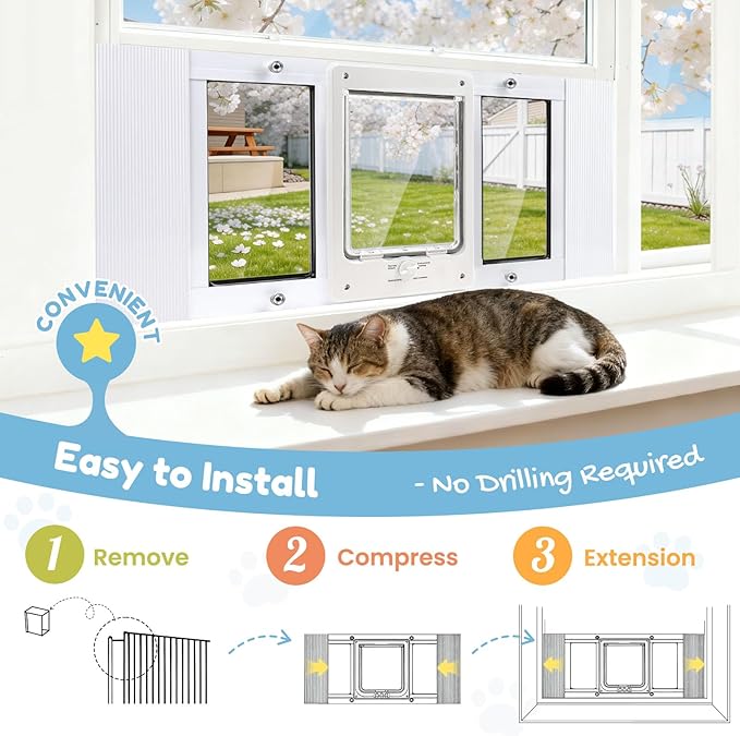 Petoasis Cat Door for Window & Small Dog, Quick Damage-Free Install, 24"-28" Width Adjustable, All Aluminum Frame, 4-Way Lock, Magnetic Closure Cat Window Door, Extra Window Lock & Sealing Strips (S)