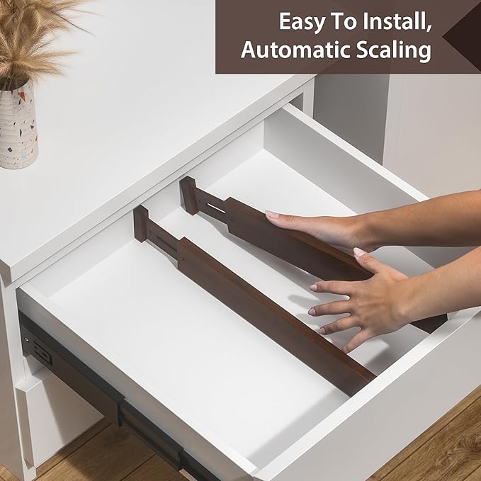 4 PCS Drawer Divider, 17"-22" Adjustable Bamboo Drawer Dividers Organizers, 2.3" High Expandable Separators for Kitchen, Clothes, Dressers, Home, Office, Mocha