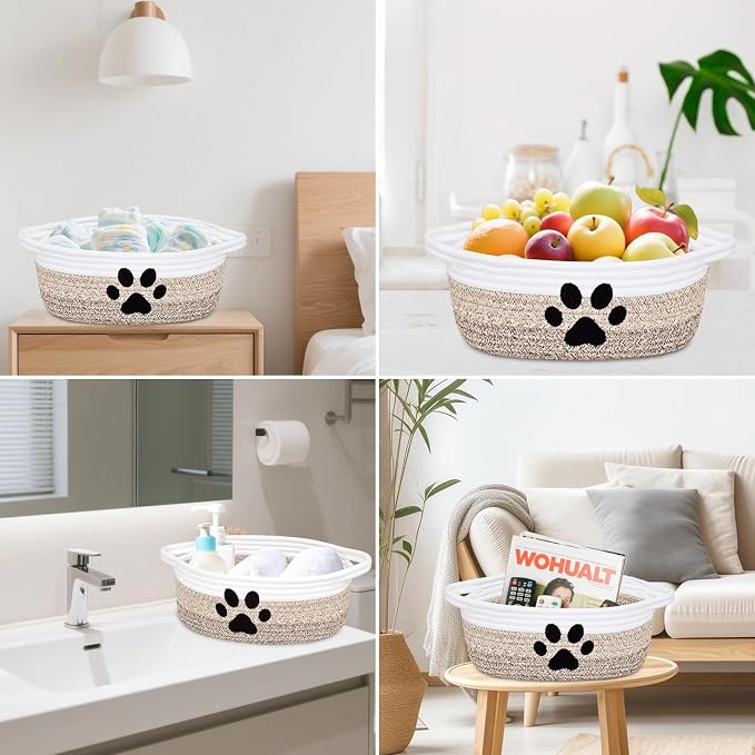 ABenkle Small Woven Basket with Handle, Cute Dog Paw Baskets for Gifts Empty, Decorative Rope Woven Storage Dog Toy Basket, Nursery Baskets for Baby Shower, 12" x 8" x 5"