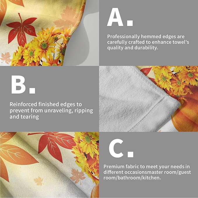 Giwawa Fall Pumpkin Towels 15x30 Set of 2, Autumn Maple Leaves Yellow Sunflowers Hand Towel, Seasonal Farmhouse Thanksgiving Harvest Face Towel Washcloth for Bathroom Hotel Guest Log Cabin Decoration