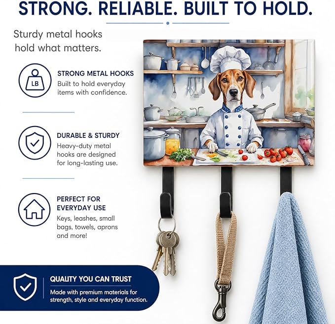 Caroline's Treasures American Foxhound The Chef Leash or Key Holder Wall Hooks, Key Hooks Holder, Coat Rack Wall Mount, Coat Hooks, Hooks for Hanging Keys, Towels, Aprons, Leashes | American Foxhound The Chef artwork on ceramic tile with three steel ho...