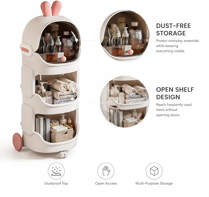 Rolling Storage Organizer with Lockable Wheels, 2-Tier Mobile Storage Shelf with Dustproof Top Bin, Small Organizer Cart for Bathroom, Vanity, Bedroom, Office, Cosmetics, Toiletries & Daily Essentials
