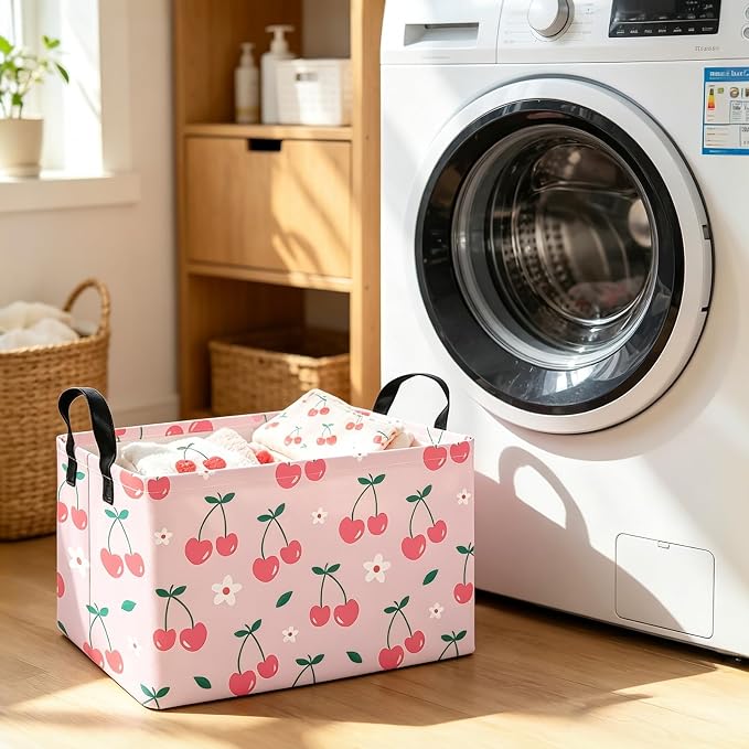 Rectangular Cherry Storage Basket Fabric Hamper | Gifts Bag for Books,Clothes,Gifts,Pets-Perfect for Home,Office,Nursery,Dorm,Shelf