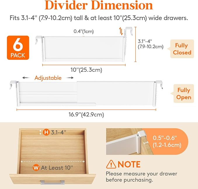 Lifewit 3.1" High 6 Pack Hanging Kitchen Drawer Dividers, 26-42cm/10-17 Adjustable Drawer Organizers for Utensils, Expandable Dresser Separators in Kitchen/Bedroom/Bathroom/Vanity/Office White