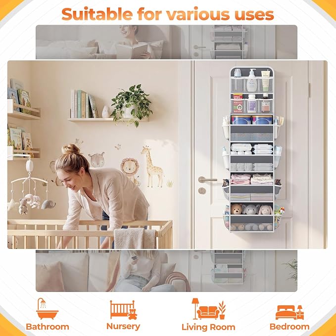 SpaceHacks 6-Tier Over the Door Organizer with Mesh Pockets, Baby Nursery Storage for Closet, Bathroom and Bedroom, Adjustable Hanging Closet Organizer for Cosmetics, Books and Essentials (Dark Grey)