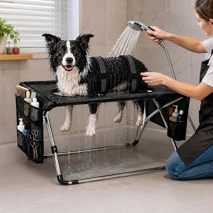 Foldable Dog Grooming Table, Pet Hammock with Stand for Small Dogs & Cats