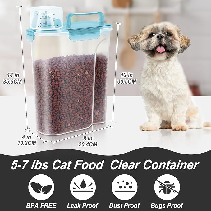 LEAWALK 5-7Lbs Cat Dog Storage Container, Portable Pet Food Containers with Upgraded Large Spout and Cup, Small Animal Kibble Dispenser for Bird Seed, Oatmeal, Rice, Flour-Clear Blue