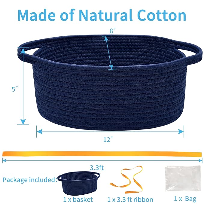 ABenkle Small Basket Empty Gift Basket, Decorative Boho Rope Woven Nursery Storage Organizer Dog Toy Baskets for Baby Showers Christmas Easter with Gift Bags and Ribbons, 12"X 8" X 5"
