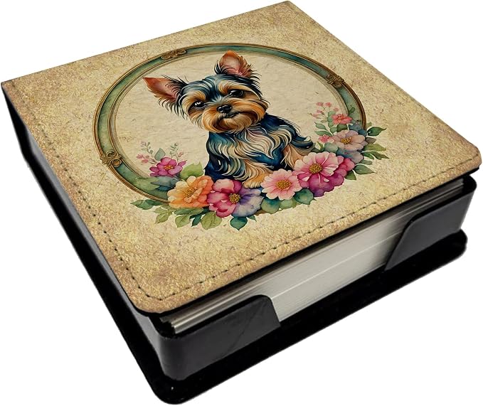 Caroline's Treasures Yorkshire Terrier and Flowers PU Leather Note Paper Holder with Artist-Designed Cover, Desk Accessory, Office Gift