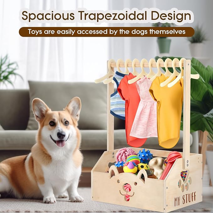 Chunful Dog Closet Wardrobe, Storage Bin, 5 Hangers, Wooden,Wood Color | Organize Pet Clothes and Toys, For Small Dogs and Cats, Includes Wardrobe Rack and Storage Box, Natural Wood, 19"x13"x9"