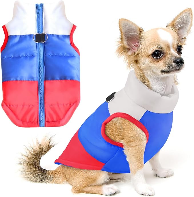 Idepet Pet Dog Cat Coat with Leash Anchor Color Patchwork Padded Puppy Vest Jacket Teddy Chihuahua Costumes Pug Cloth XS S M L (X-Small, Red)