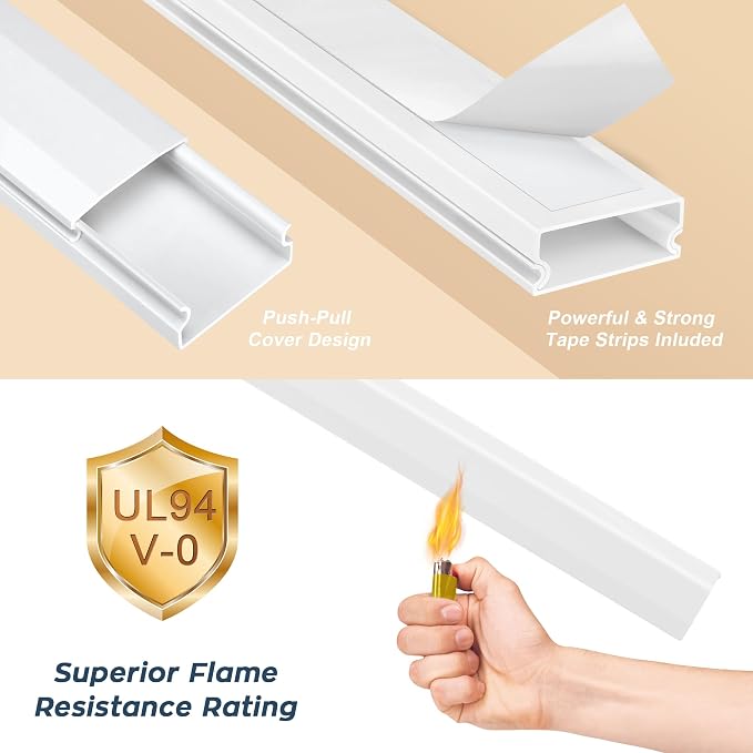 110in Cord Covers for Wires on Wall Kit, Simple Setup Wire Hider | Large Cord Hider Wall Kit, Wire Covers for 3-4 Cords on Wall, White TV Cable Hider Cable Raceway, W1.2 X H0.6in