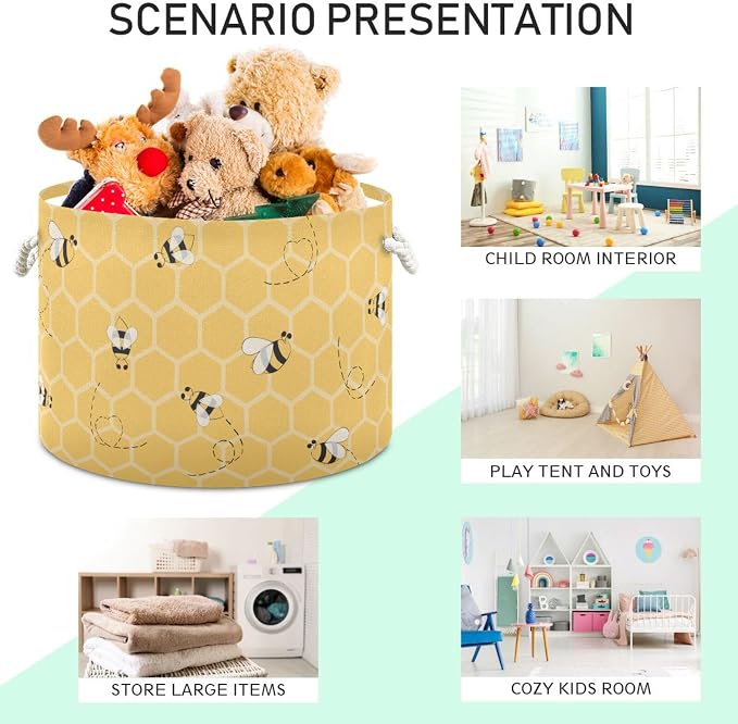 DOMIKING Large Storage Basket for Toys Bee Yellow Print Storage Bin Box Laundry Basket for Nursery Room Home Decor, Pet Toy, Blankets