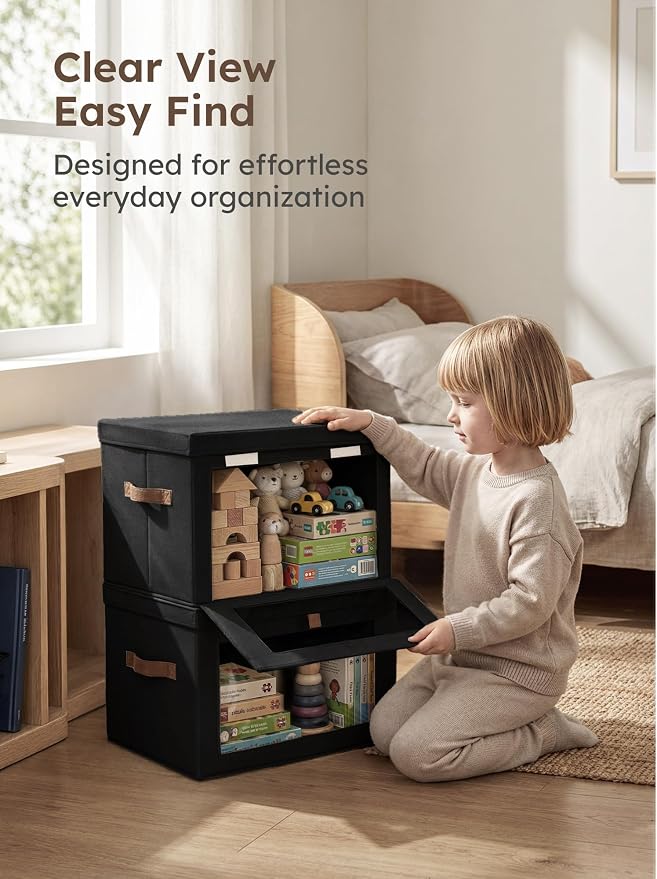 Medium Fabric Storage Bins - Closet Shelf Organizer with Open Window, 5 Pack Closet Baskets for Shelves, Stackable Decorative Boxes for Home, Dorm, Black, 13.7" x 9.8” x 9.8"