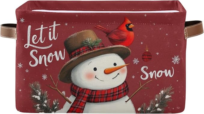 Winter Snowman Cardinal Birds Storage Basket with Waterproof Liner and PU Handles Let It Snow Christmas Red Storage Bins Boxes 14.2" Collapsible Decorative Baskets for Bedroom Closet Office 1 Pack