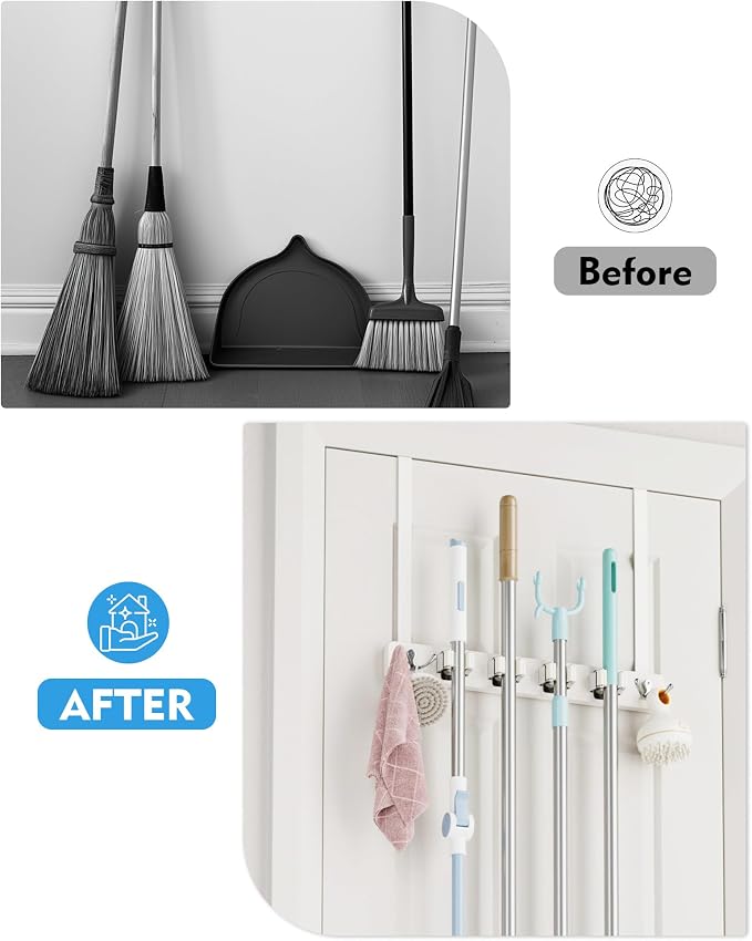 BS-VOG Over the Door Broom and Mop Holder, Broom Hanger, 4 Slots & 4 Hooks | No Drilling Required, Wood and Metal Build, EVA Door Protection Pads, Secure Grip Slots, Closet Garage Laundry Use, White