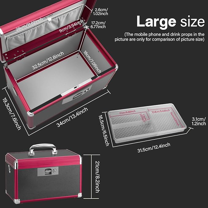 Large Medication Lock Box with Key (13.4"x7.6"x8.2") - Childproof Aluminum Medicine Storage Safe for Prescriptions & First Aid - Secure Portable Pill Organizer for Travel, Home (Black & Red)