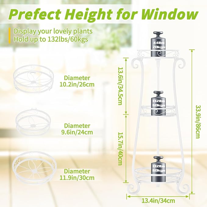 KMOTASUO 3 Tier Metal Plant Stand Tall for Indoor Outdoor Corner, White | Heavy Duty Flower Holder Rack, Modern Vertical Iron Shelf for Patio Bathroom Office Garden