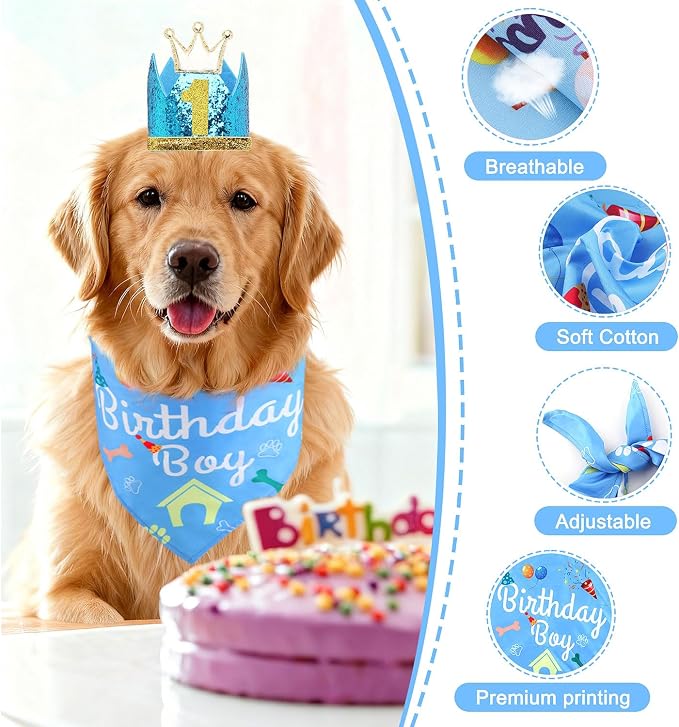 Rensh Dog Birthday Party Supplies, Dog Birthday Bandana Hat with Numbers for X-Large Large Small Pets, Multi Size Birthday Decorations for Dogs and Cats (Blue, Small)