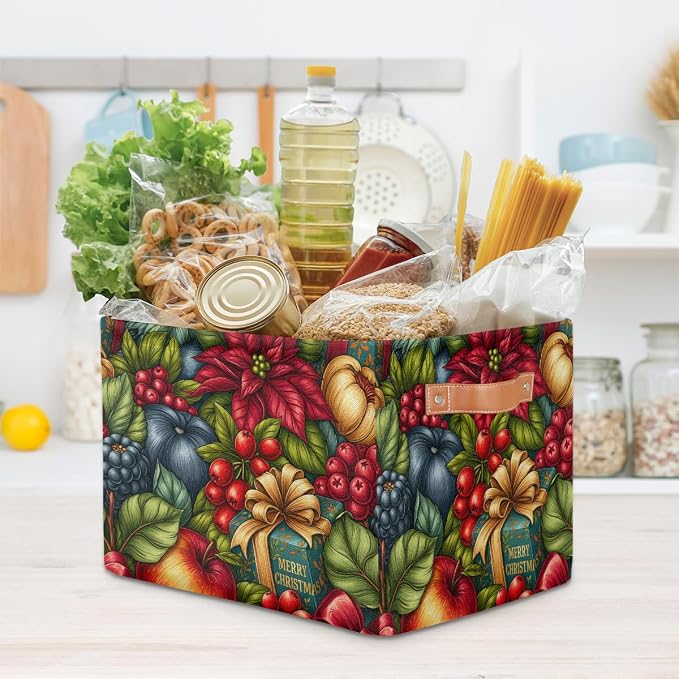 Christmas Basket Storage Bins Rectangle Canvas Basket Cube Storage Box | Nursery Foldable Basket with Handle for Kids Girls Boys Toys Living Room Closet Organizer Shelf Gifts Flower Poinsettia