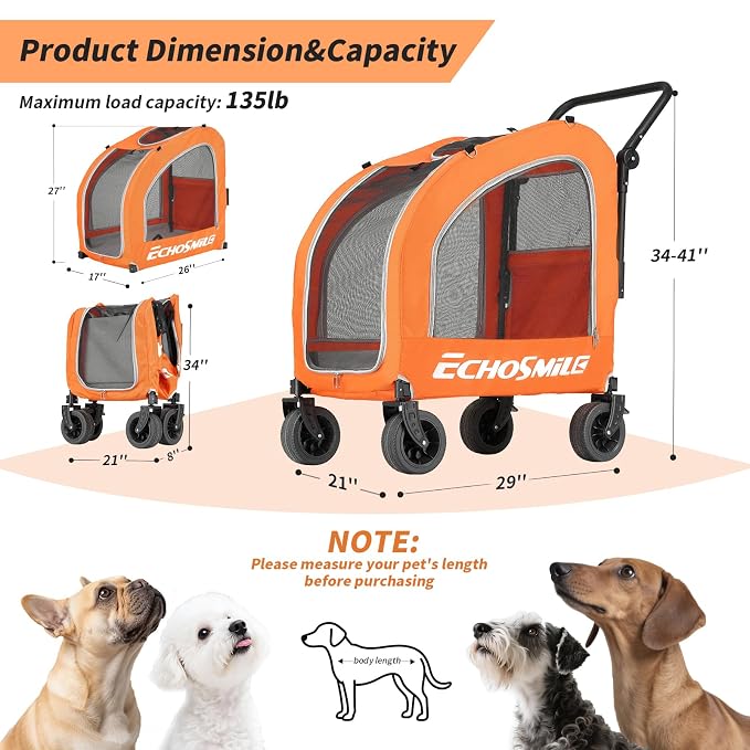 EchoSmile 4-Wheel Pet Stroller for Dogs & Cats, Up to 135 lbs, Orange | Lightweight Carrier · Storage Basket Included · Adjustable Handle · Removable Pad