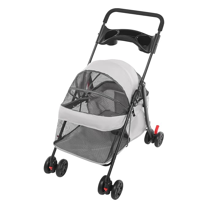 Pet Stroller for Small Medium Dogs Cats 40 lbs, Foldable Dog Stroller with Storage Basket and Cup Holder, Portable Pet Travel Cart with Breathable Mesh Canopy (Light Gray)