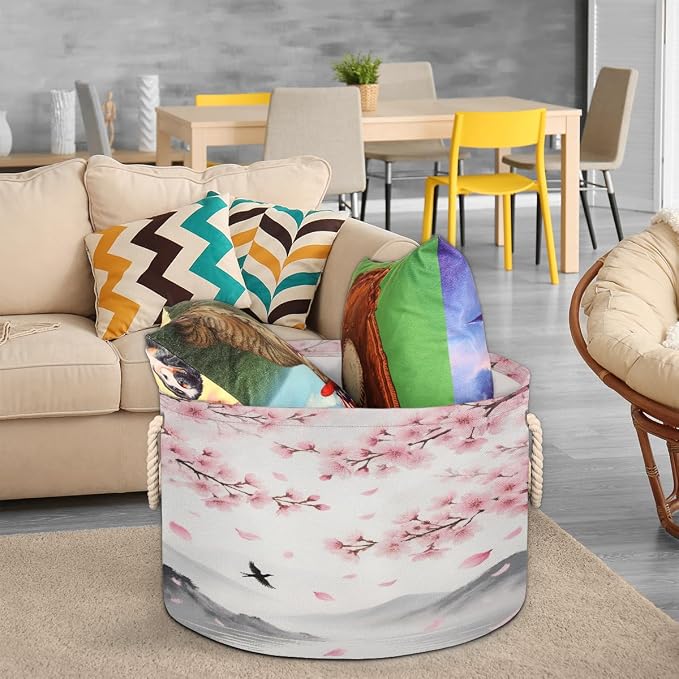 Large Storage Baskets - Cherry Blossoms Bird Nursery Organizer Bin Box with Handles Collapsible Round Laundry Hamper for Kids Toys Pet Blanket, Bedroom Living Room Home Decor Gift Basket