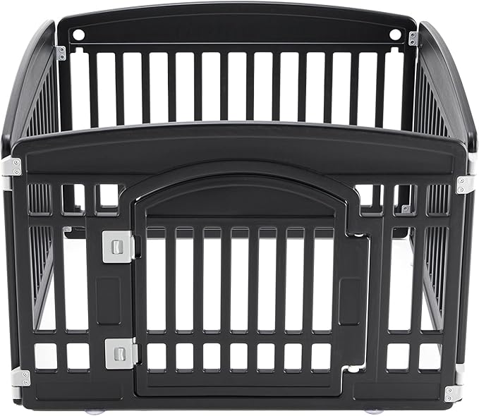 NEWBULIG 4 Panels 24 Inch Dog Playpen, Plastic Pet Play Pen Fence | Portable, Secure Locking Door, Indoor Outdoor Yard RV Camping, Small Medium Dogs, Black