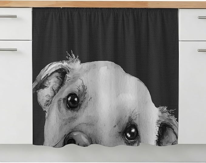 Black Dog Cabinet Curtain 28"Wx35"L,Dustproof Under Sink Skirt with Self Adhesive Tape,Cute Pets Eyes Animals Fur Vintage Oil Painting Cabinet Curtain Cover for Bathroom Vanity,Kitchen Sink,Laundry
