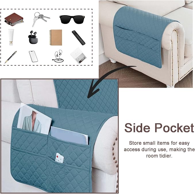 Large Polyester Armrest and Headrest Covers with 2 Pockets | Soft, smooth polyester resists daily wear nonslip silicone backing helps shield recliners and sofas from pet scratches
