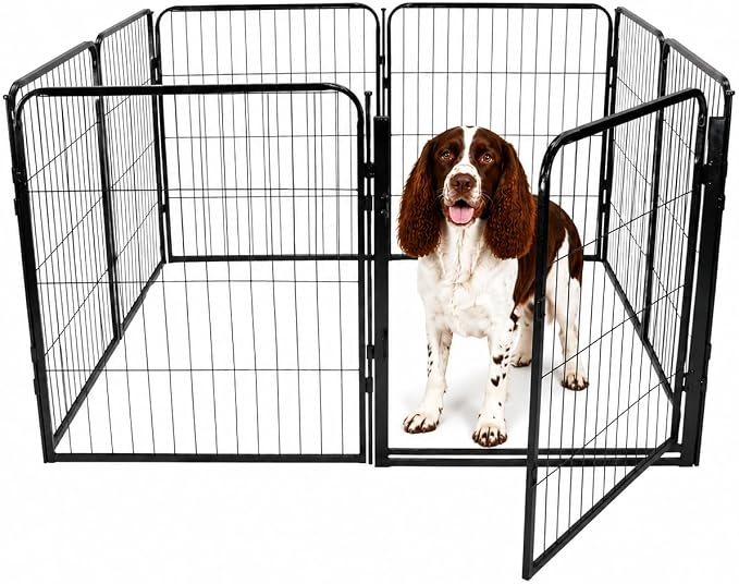 Outdoor Dog Playpen - 32 inch, 8 Panels for Small and Medium Size Dogs - Heavy Duty Metal Pet Fence with Black Anti-Rust Coating - Portable Exercise Play Pen for RV, Camping, and Yard