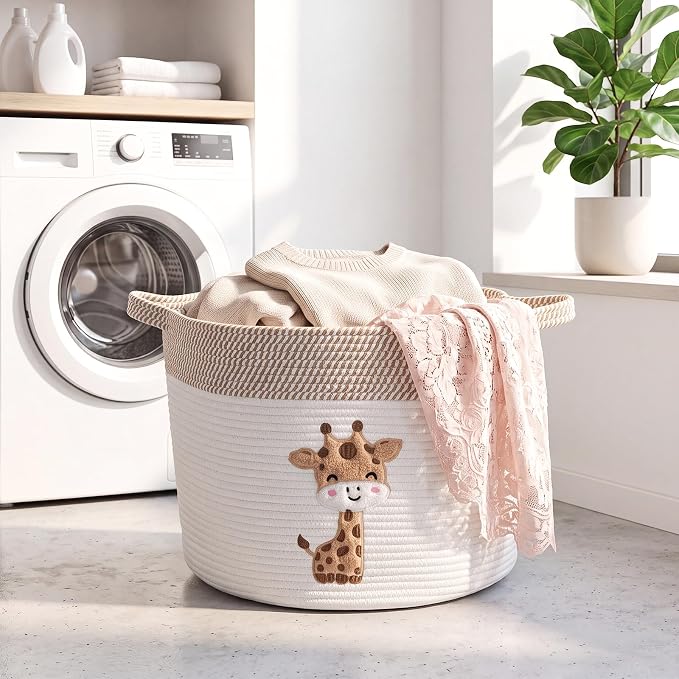 LemonRoad Extra Large Basket 20"x14", Woven Basket for Laundry Blanket Toy Box with Handle Storage, Blanket Storage for Living Room Nursery Pillows Chest(Cotton Rope,Cute Giraffe,Brown White)