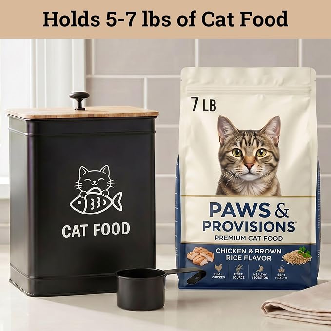 Metal Cat Food Container with Scoop 5-7 lb (25 Cup), w/ Airtight Bamboo Lid | Cat Kibble Canister with Metal Scoop, 25 Cups, Chew Proof Iron Body, Powder Coated, Airtight Bamboo Lid, Sturdy Metal Handle