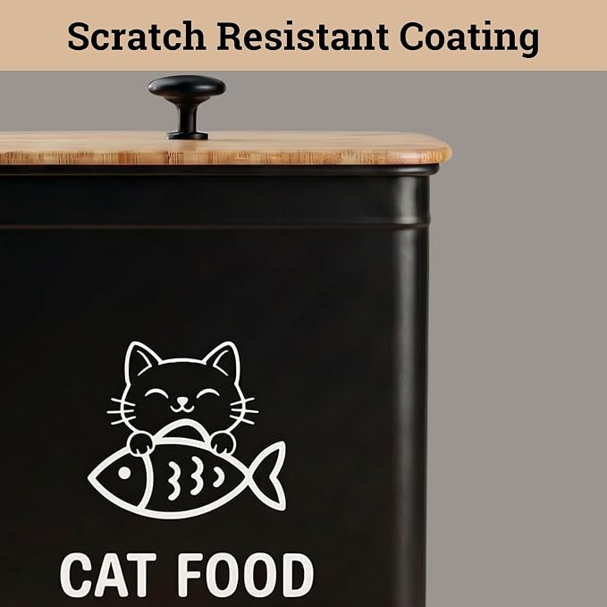 Metal Cat Food Container with Scoop 5-7 lb (25 Cup), w/ Airtight Bamboo Lid | Cat Kibble Canister with Metal Scoop, 25 Cups, Chew Proof Iron Body, Powder Coated, Airtight Bamboo Lid, Sturdy Metal Handle