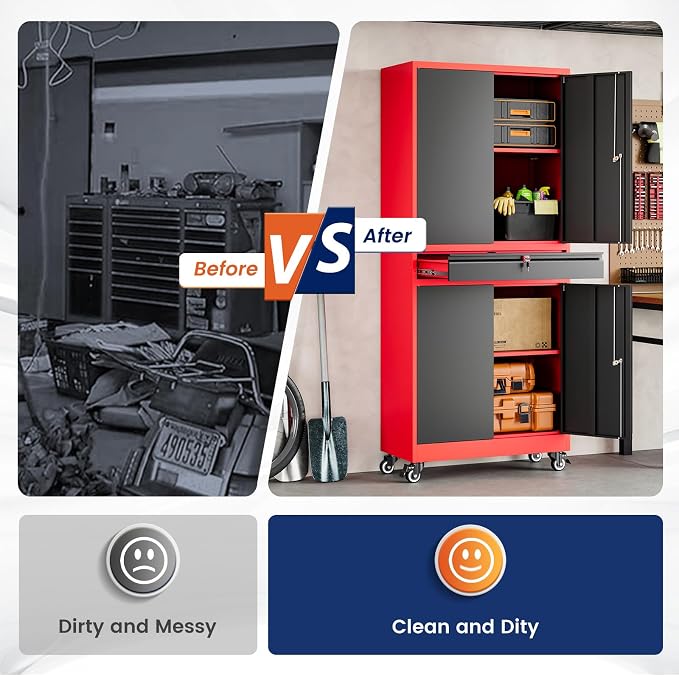 Metal Garage Storage Cabinet with Locking Doors and Adjustable Shelves,- 73" Rolling Tool Storage Cabinet with 4 Wheels and 1 Drawer for Garage,Warehouse (Red Black)
