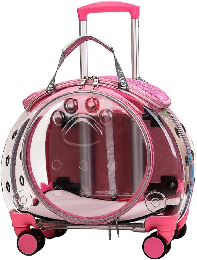Pet Trolley Case with Upgraded Detachable Silent Wheels, Clear Ventilation Holes Cat Dog Carrier, Cat Dog Carrier with Telescopic Handle, Perfect for Traveling/Taking a Walk Pink