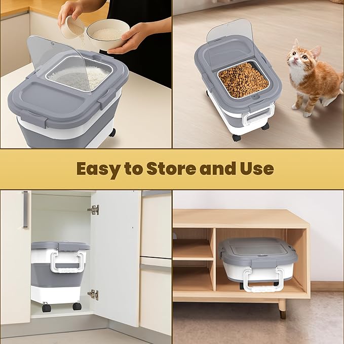 HOYTAMDA 20-30Lbs Rice Container,Collapsible Food Storage Container Wheels | Rice Storage Container with Airtight Locking Lid,Handle,Small Bin &Scoop,Rice Dispenser for Flour Sugar Cereal Grain Dog Cat