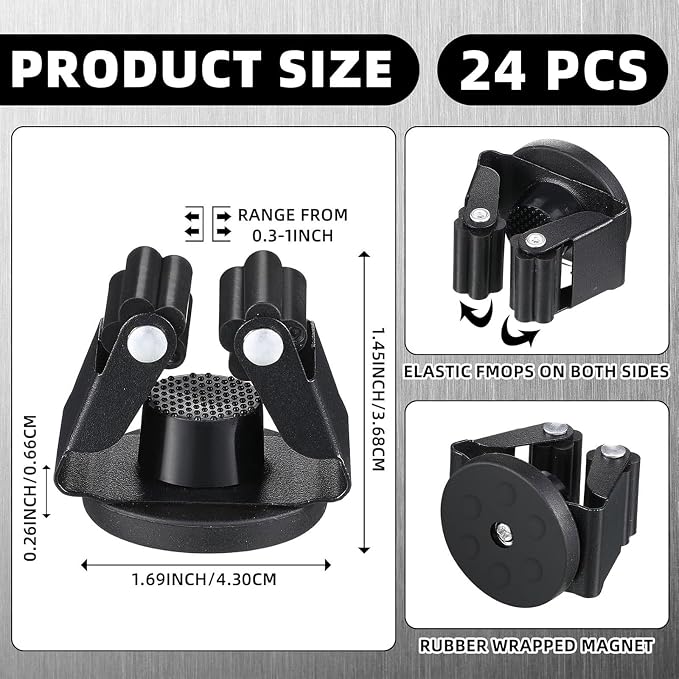 Vercraft 224 Pcs Magnetic Broom Holder Wall Mounted Anti Slip Rack,Black | Movable Magnetic Organizer for Mops Brooms, Dual Roller Grip, Wall Storage for Garage Kitchen Laundry Garden Tools