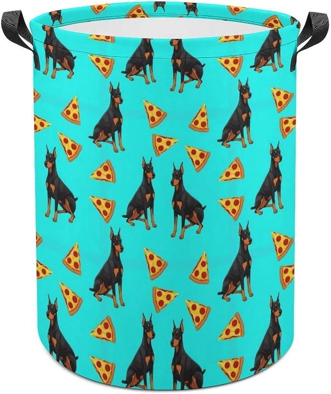 Large Laundry Basket with Handles Doberman Pinscher Turquoise Pizza, Collapsible Waterproof Hamper for Clothes, Toys, and Towel Organization at Home