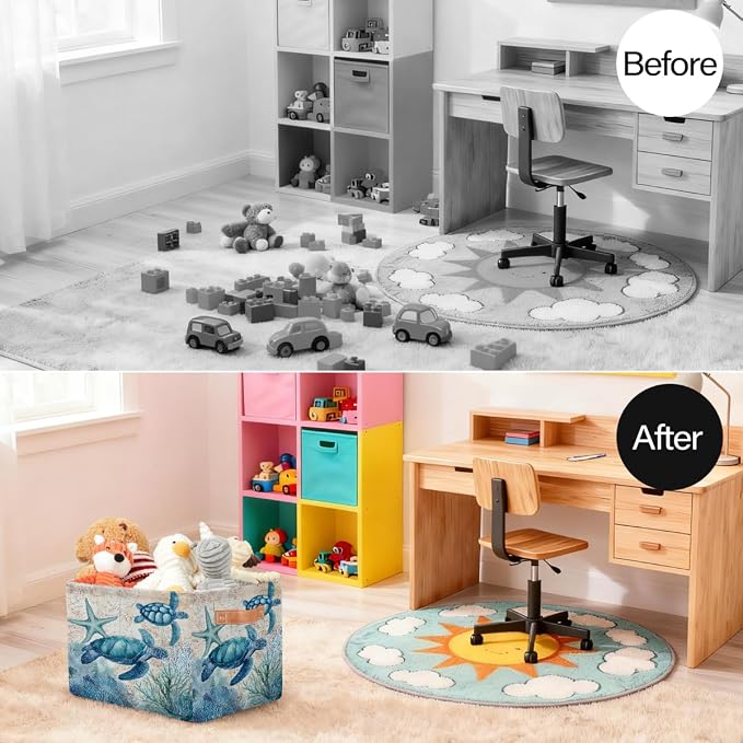 Pardick Storage Baskets Bin, Vintage Turtle Ocean Collapsible Canvas Fabric Storage Bin Decorative Baskets Toy Organizer Rectangle Storage Boxes with handles for Home Shelves Nursery,Q-6