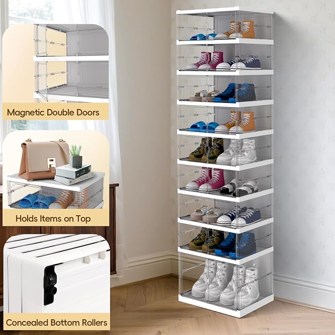 Dollate 9-Tier 18 Pairs Foldable Shoe Rack with Magnetic Clear Doors,Easily Assembled Portable Shoe Storage Organizer Cabinet for Entryway Living Room Bedroom