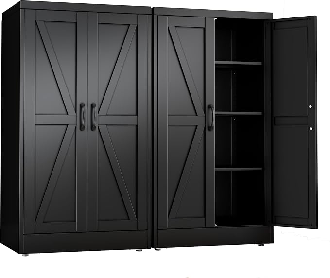 Black Metal Storage Cabinet, 43" Kitchen Pantry Cabinets for Office | Steel Kitchen Pantry Storage with Doors and 3 Adjustable Shelves, Metal Tool Cabinet, for Office, Home, Garage, School