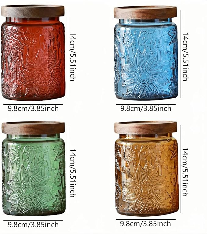 Set of 4 Vintage Glass Jars 23.7oz Sunflower Canisters with Wooden Lids | Glass Coffee Canisters, Airtight Storage Jars, Kitchen Pantry, Coffee, Tea, Sugar, Cookies, Candy, Snacks, Laundry Detergent