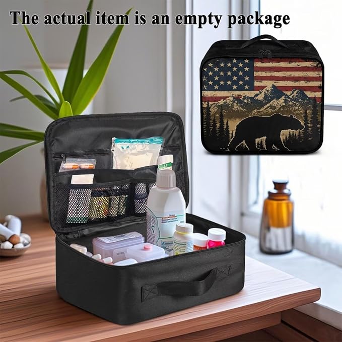Rnyleeg American Flag Bear First Aid Storage Bag Medium First Aid Kit Empty Water Resistant Medical Kit for Home Travel Camping Easy to Use and Clean