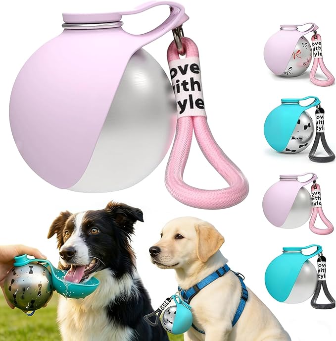 2 in 1 Portable Dog Water Bottle with Foldable Silicone Bowl, 10 Oz Travel Water Bottle for Dogs Drinking, Leakproof Stainless Steel Pet Water Bowl for Outdoor Walking Hiking Camping (Pink no Print)