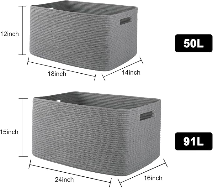OIAHOMY XXLarge Rectangle Blanket Basket-96L, Cotton Woven Basket for Storage, Dirty Clothes Basket for Living Room, Nursery, Bedroom, Toy Organizing with Handle, 24" x 16" x 15", Dark Grey
