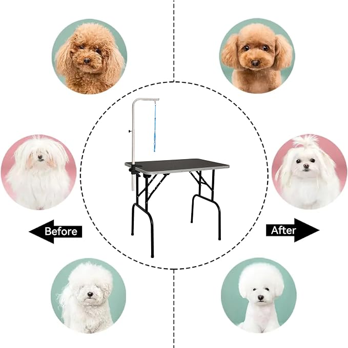30-inch Foldable Dog Grooming Table - Heavy Duty Iron Pet Grooming Station with Adjustable Arm & Noose, Portable Non-Slip for Small Medium Dogs & Cats, Home & Salon Use - Black